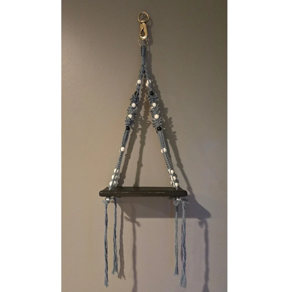 Handmade Macrame Hanging Wall Shelf Blue Beaded Boho Wood Floating Display